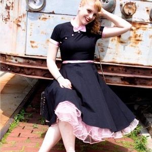 Stop Staring Black Flare Dress with Pink Accents M